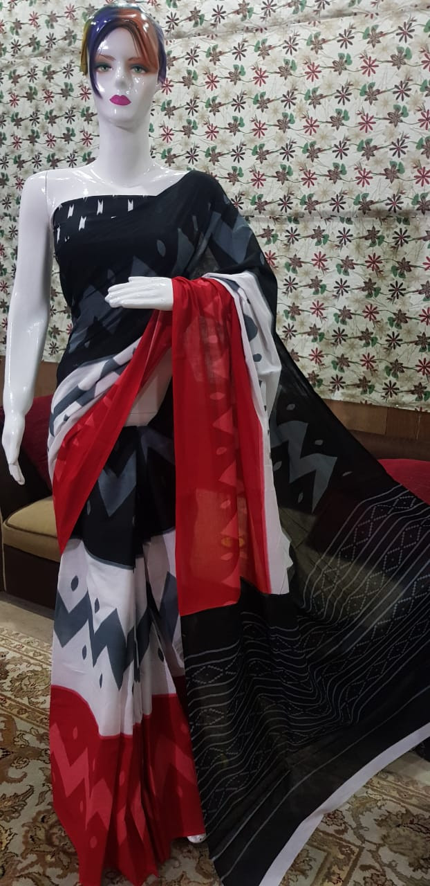 Midnight Black and Crimson Red Cotton Saree with Abstract Geometric Patterns and Zigzag Borders.