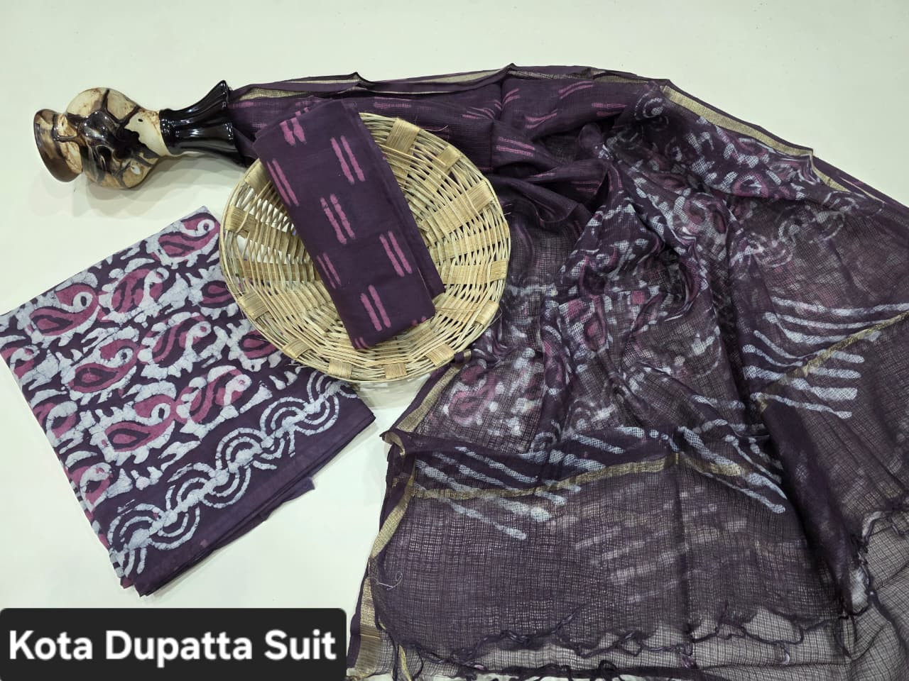 Purple & Pink Dabu Hand Block Print Cotton Suit with a sheer Kota Doria Dupatta.