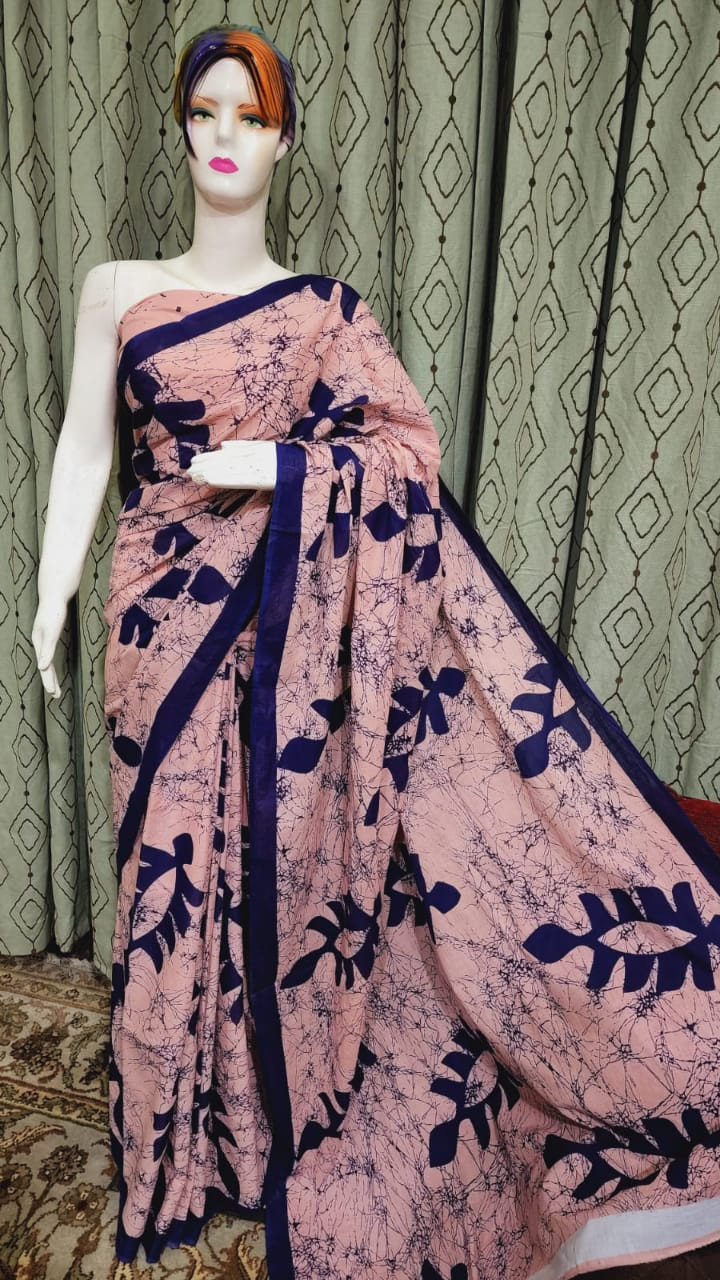 Pink and Indigo Blue Batik Print Cotton Saree