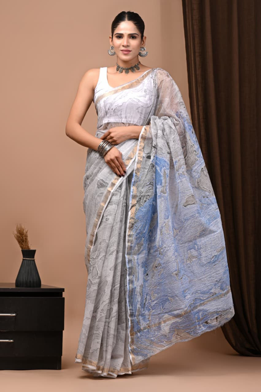 Grey & Blue Hand Block Printed Kota Doria Saree