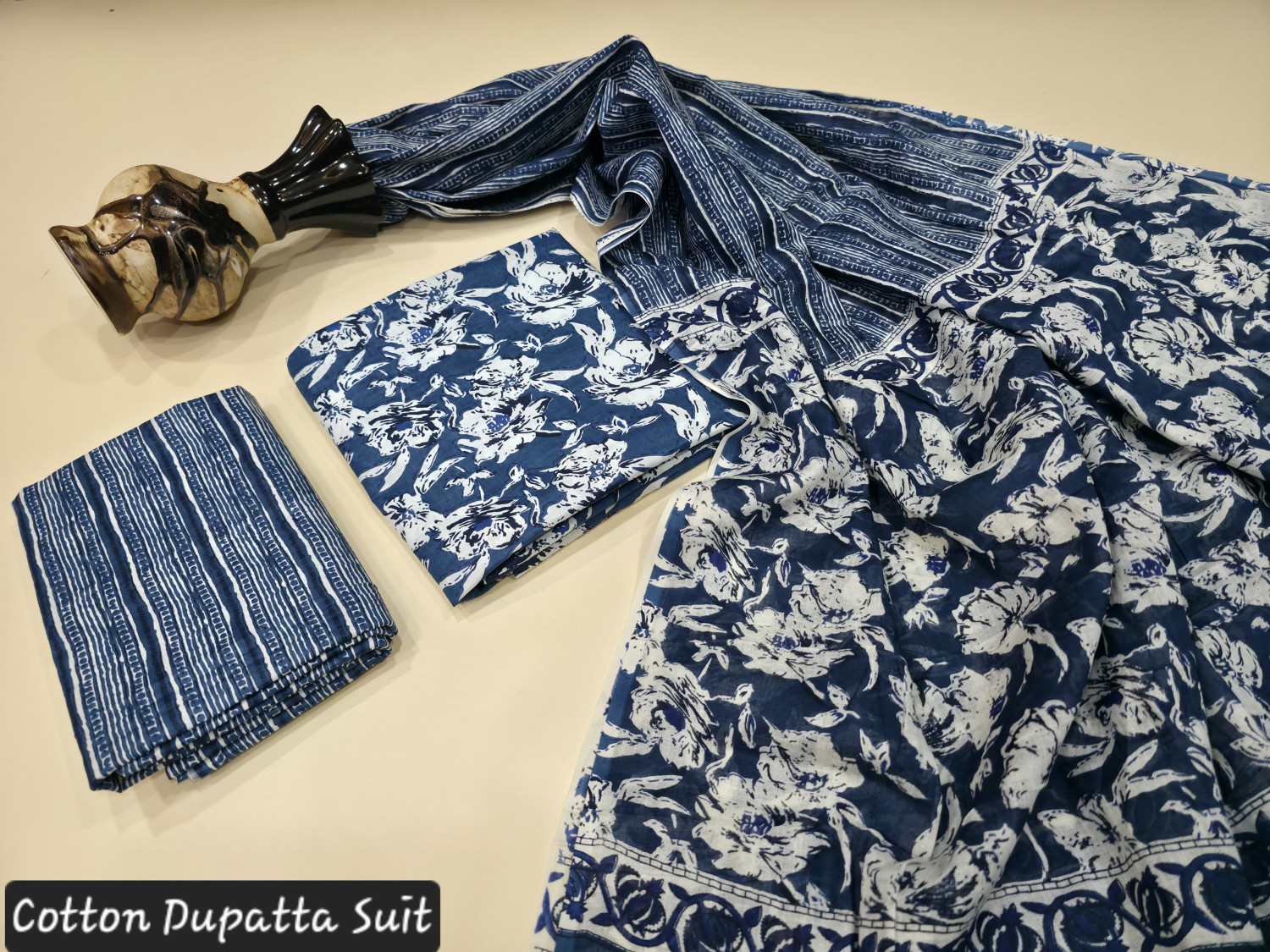 Indigo Blue/Navy Blue and White Floral Hand Block Print cotton dupatta suit.