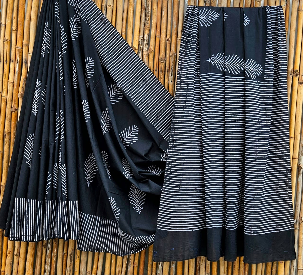 Black & White Hand-Block Printed Mulmul Cotton Saree with Blouse (6.5 Meters, 92*80, 100% Pure Cotton Fabric)