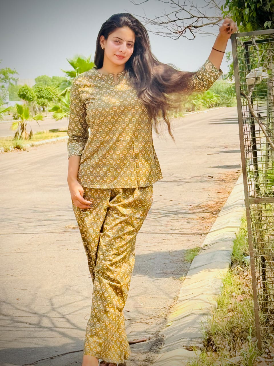 Khaki Brown Small Leaf Motif (Buti) Print Cotton Co-ord Set.