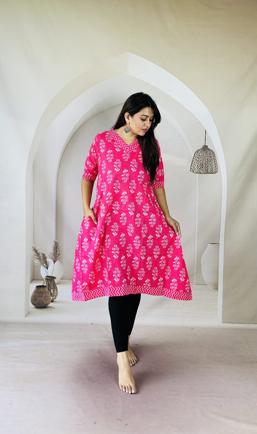hot pink and white block print cotton
