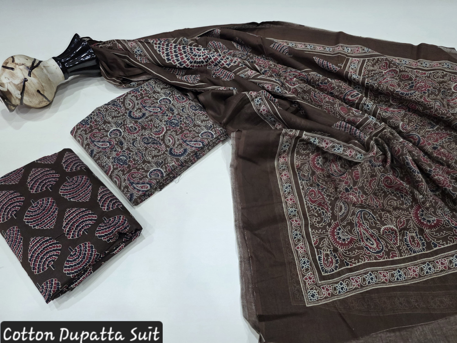 brown and red Ajrakh hand block print cotton dupatta suit.