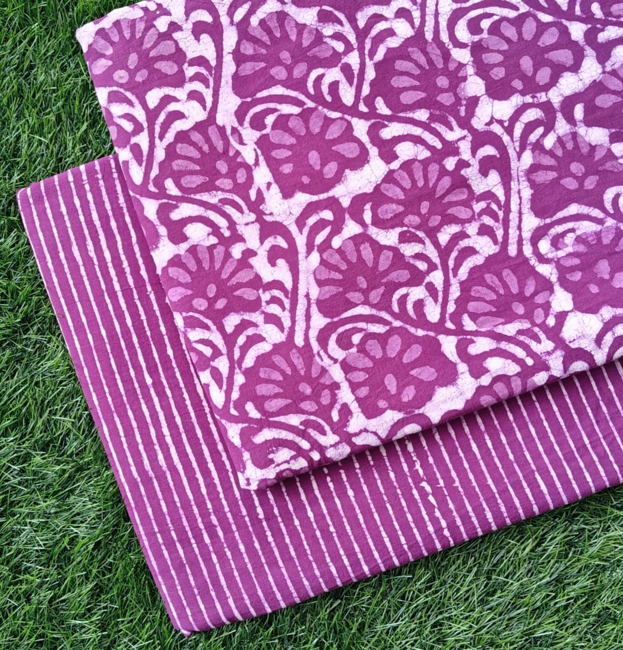 Magenta Pink & White Floral Handblock Printed Cotton Suit Set Top 2.50 MTR +Bottom 2.50 MTR