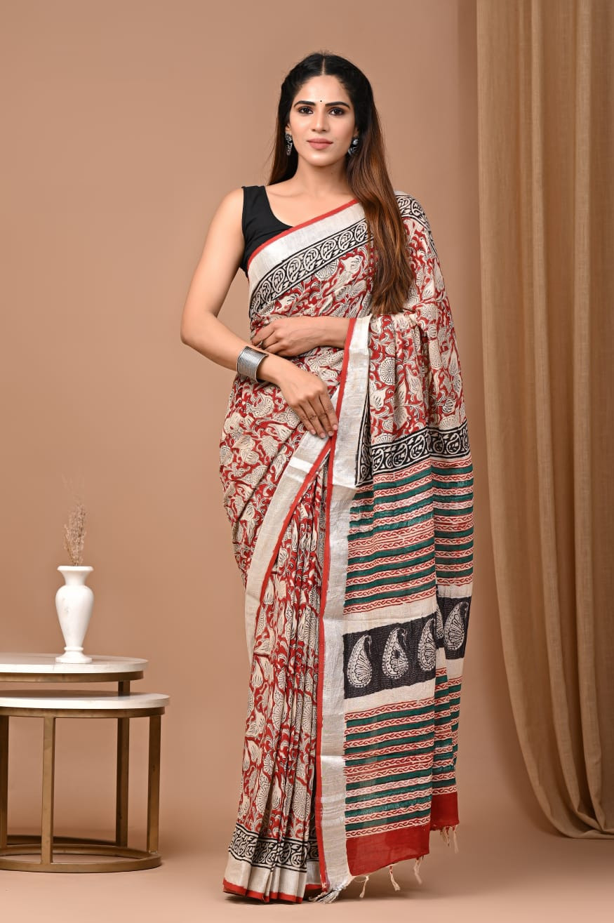 Beige, Red, & Black Bagru Hand Block Printed Linen Saree