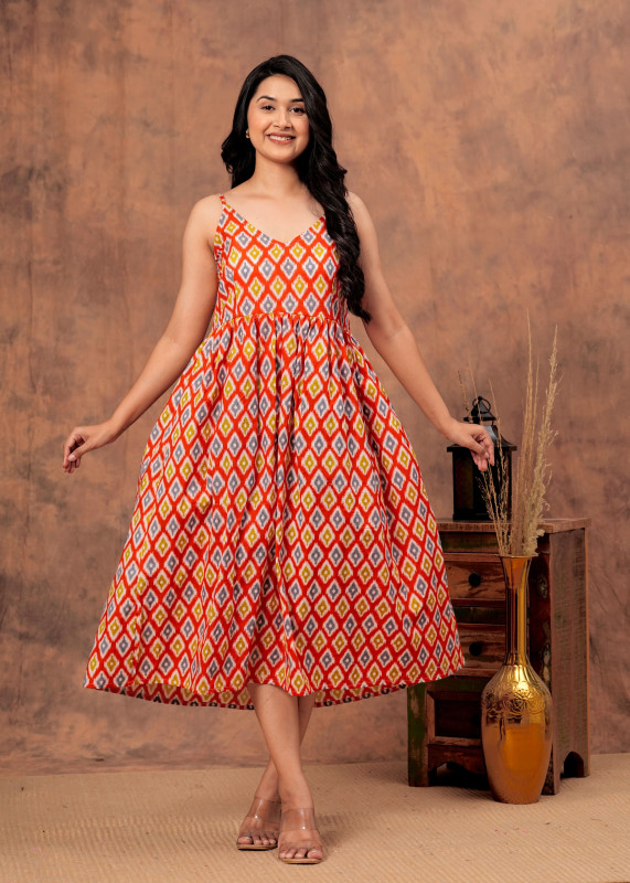 Red Geometric Ikat Print Sleeveless Gathered One pices Midi Dress