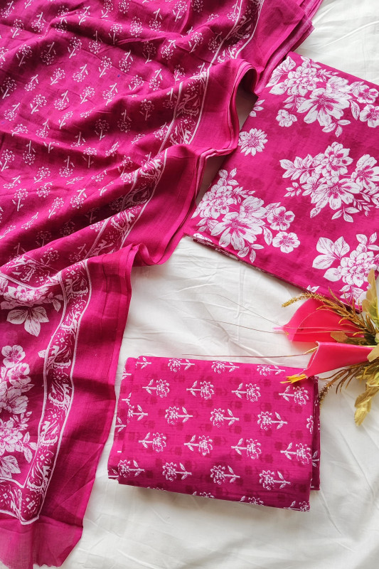 Fuchsia Pink and White Floral unstitched suit  Material for Women 2.5 Mtr top and 2.5 Mtr Bottom  and  2.5 Mtr Dupatta
