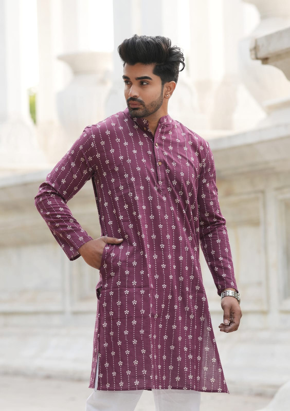 Maroon or Burgundy with a geometric print or ethnic motif print.