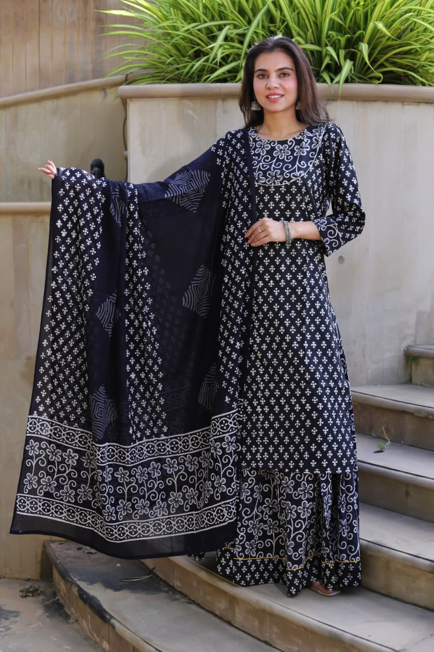 Black & White Designer Long Kurta & Skirt with Red Dupatta Set