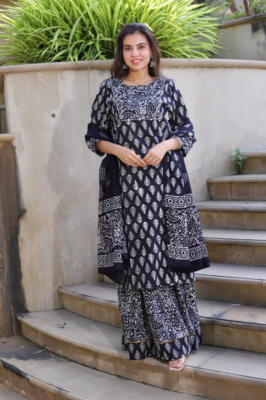 Black & White Hand Block Print Cotton Kurta & Sharara Set with Red Piping & Dupatta