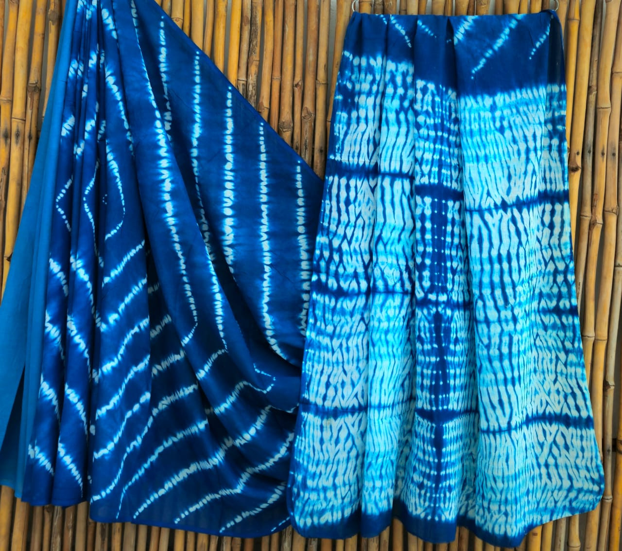 Blue & Shibori Hand-Dyed Mulmul Cotton Saree with Blouse (6.5 Meters, 92*80, 100% Pure Cotton Fabric)