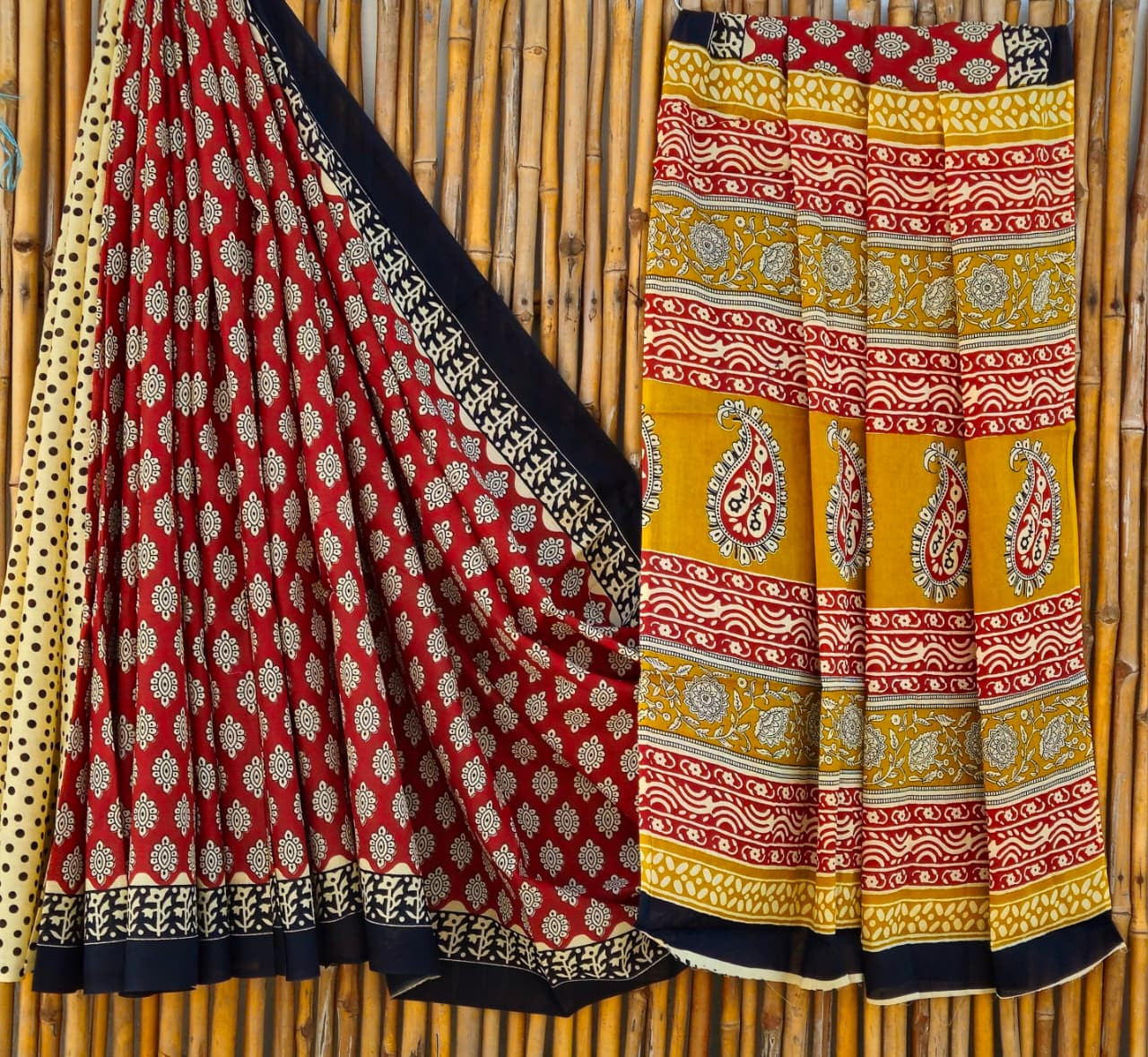 Red & Mustard Yellow Hand Block Printed 100% Pure Mulmul Cotton Saree (6.5 Mtrs, 92*80)
