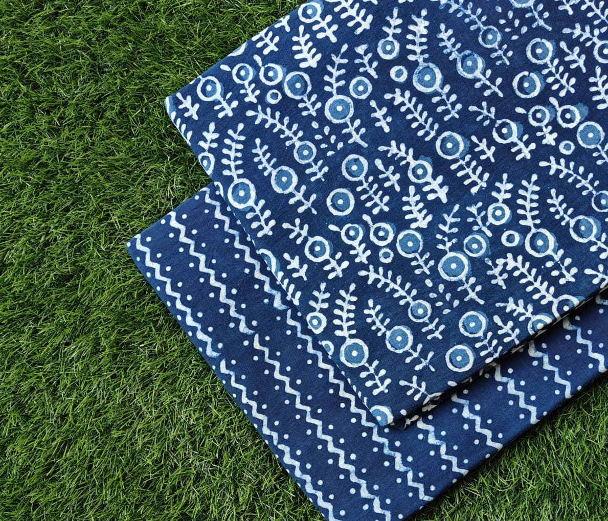 Indigo Floral Harmony – Cotton (60×60) Cambric Bagru Dabu Botanical & Zig-Zag Print Suit Set | Top 2.50 MTR + Bottom 2.50 MTR
