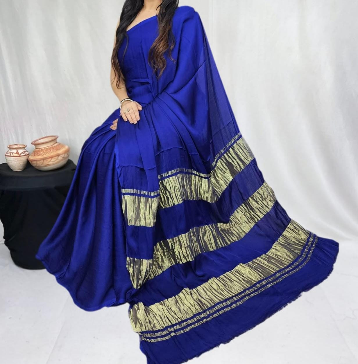 Blue Pure Modal Silk Saree with 3 Lagdi Patta Tissue Pallu (Length-6.50 mtr with Width-46 inches)