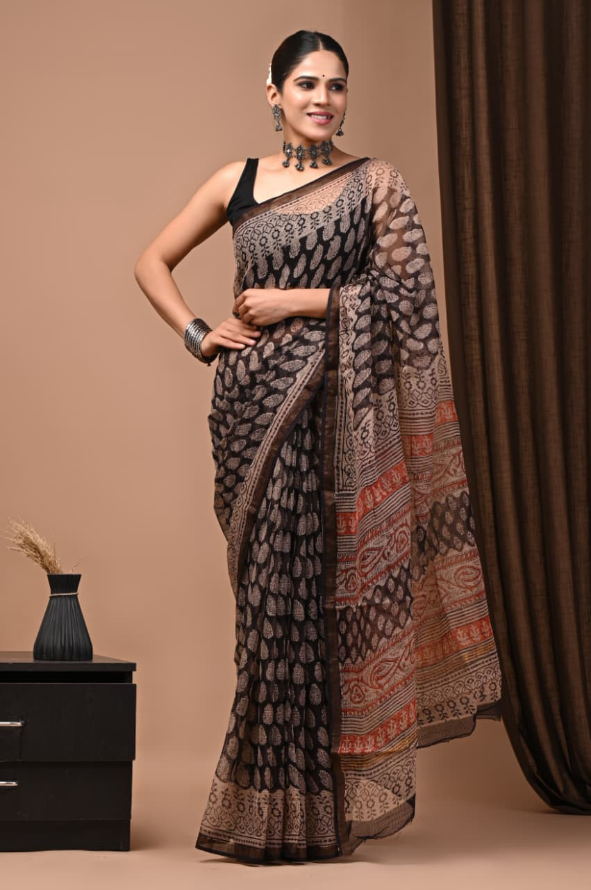 Black & Beige Kota Doria Saree Handmade Dabu/Bagru Hand Block Printed