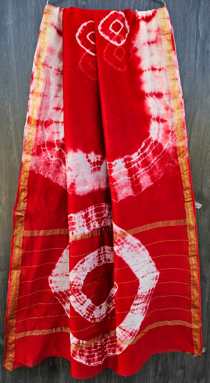 Crimson Red & Ivory Tie-Dye Maheshwari Silk Saree with Blouse