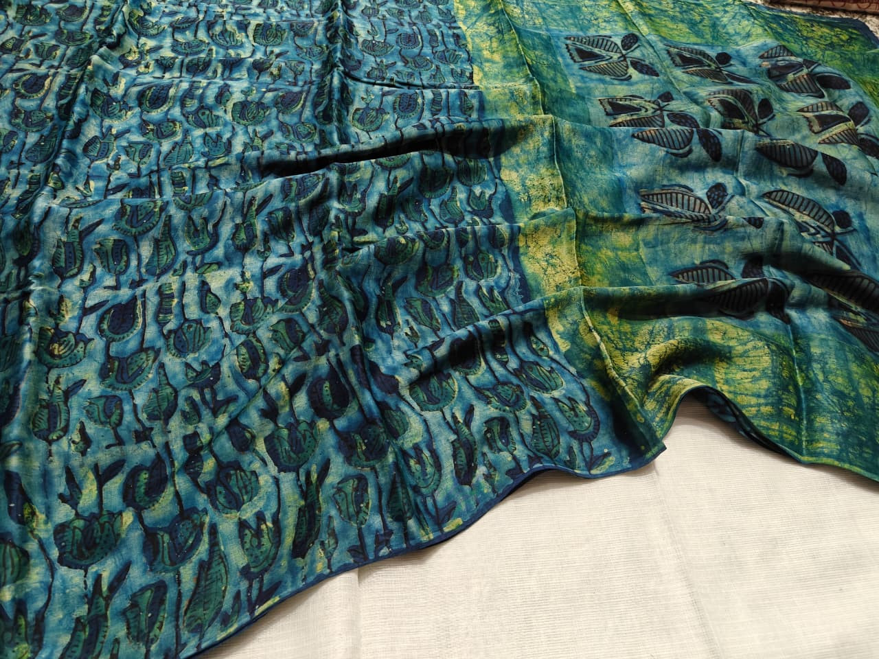 Teal Blue and Green Ajrakh Hand Block Printed Modal Silk Saree. with printed Blouse