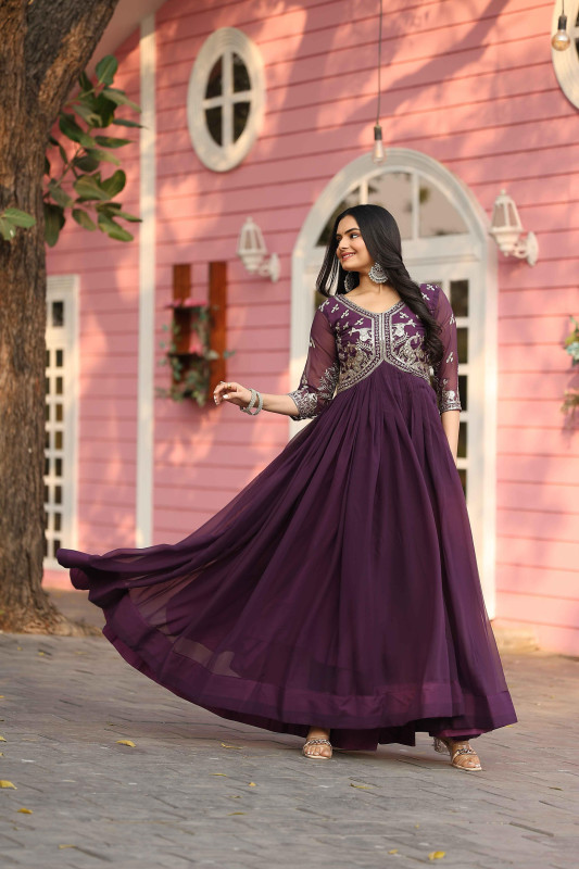 Wine Faux Georgette Embroidered and Sequins Work Designer Anarkali Gown.