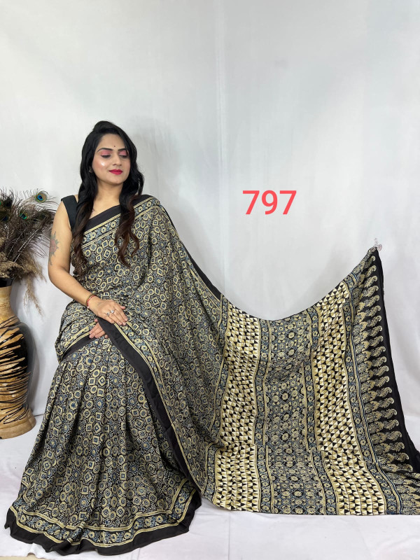 Black and Beige Ajrakh Hand Block Print Modal Silk Saree.
