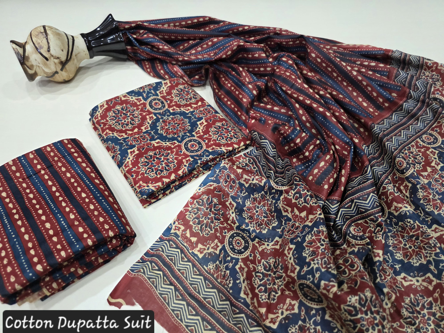 Maroon and Navy Blue Hand Block Printed Cotton Dupatta Suit.