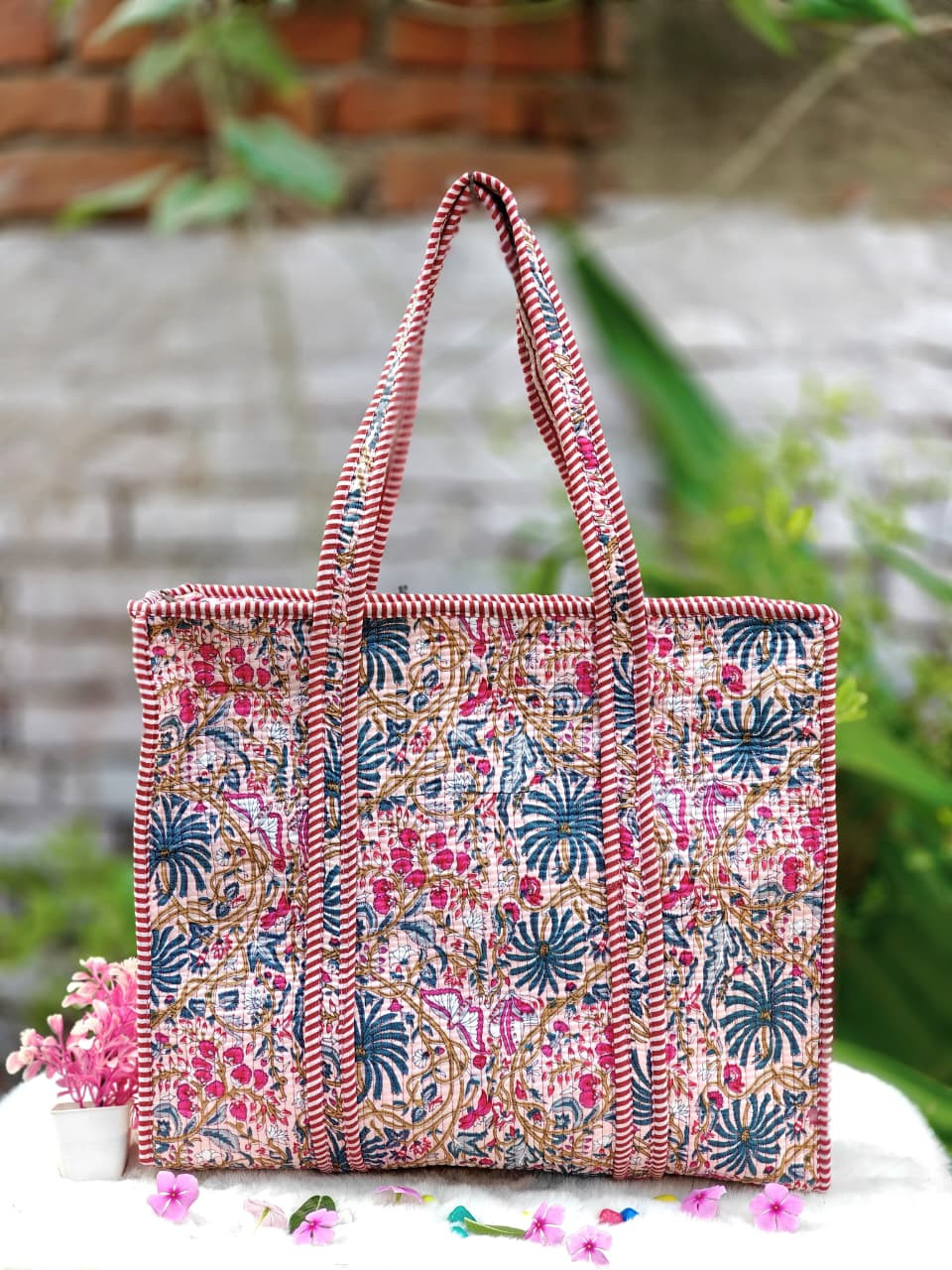 Multi-Color Kalamkari Block-Printed Quilted Cotton  Bag
