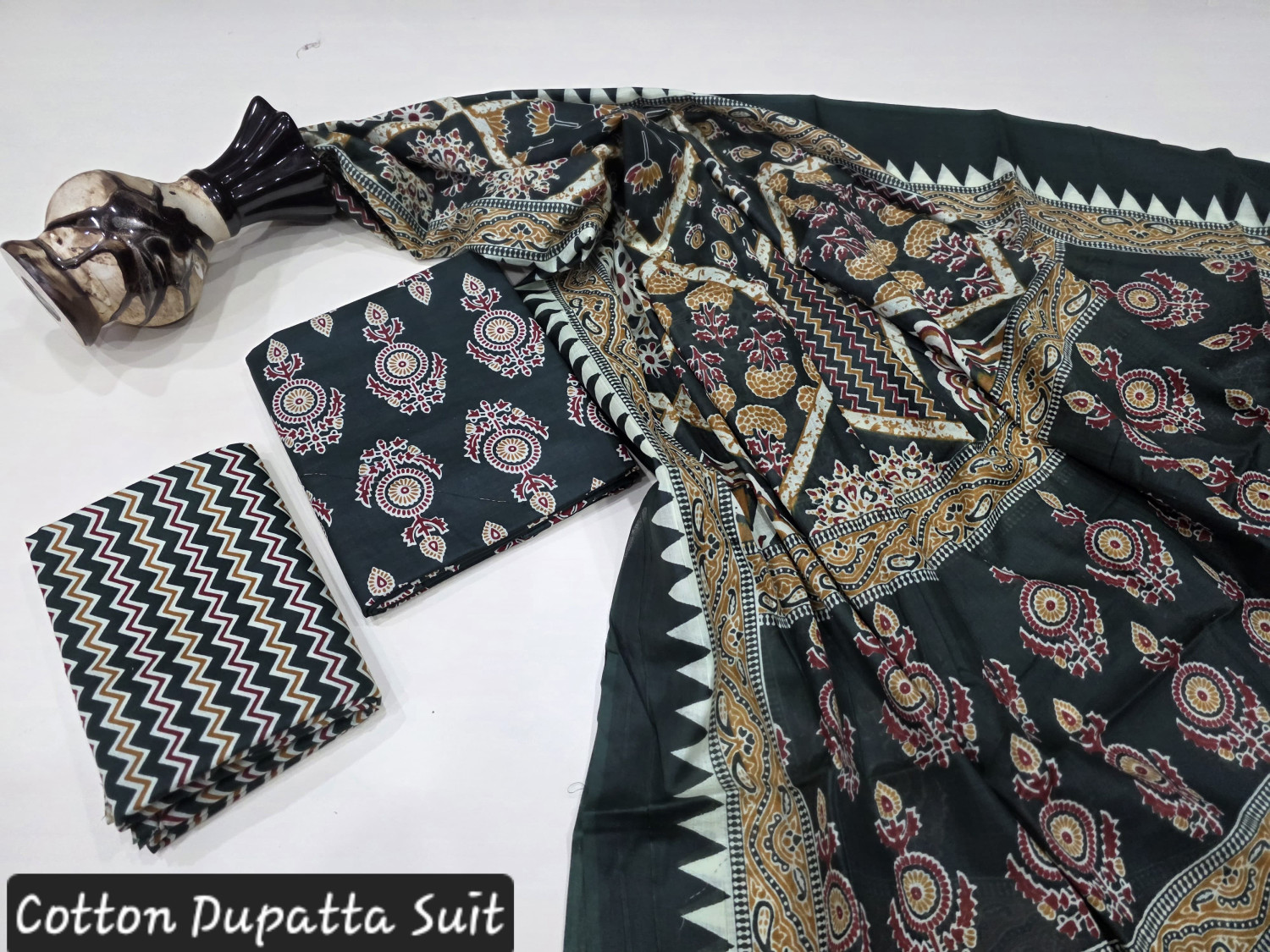 Dark Green and Maroon Ajrakh Block Print.