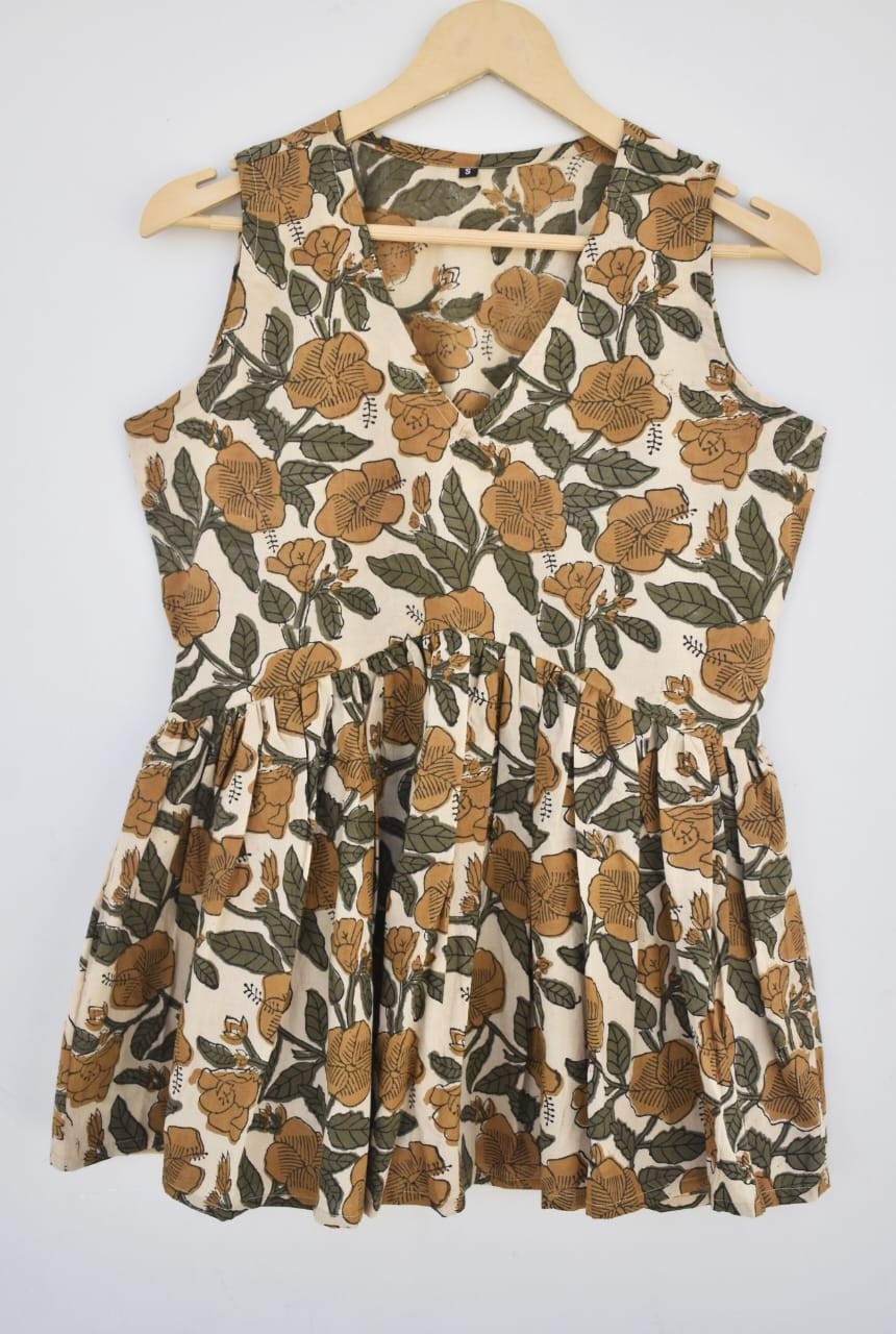 dark yellow  hand block  printed selevless top