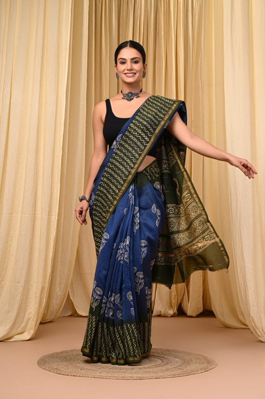 Forest Indigo: Hand-Block Printed Maheshwari Cotton Silk Saree in Blue & Olive Green