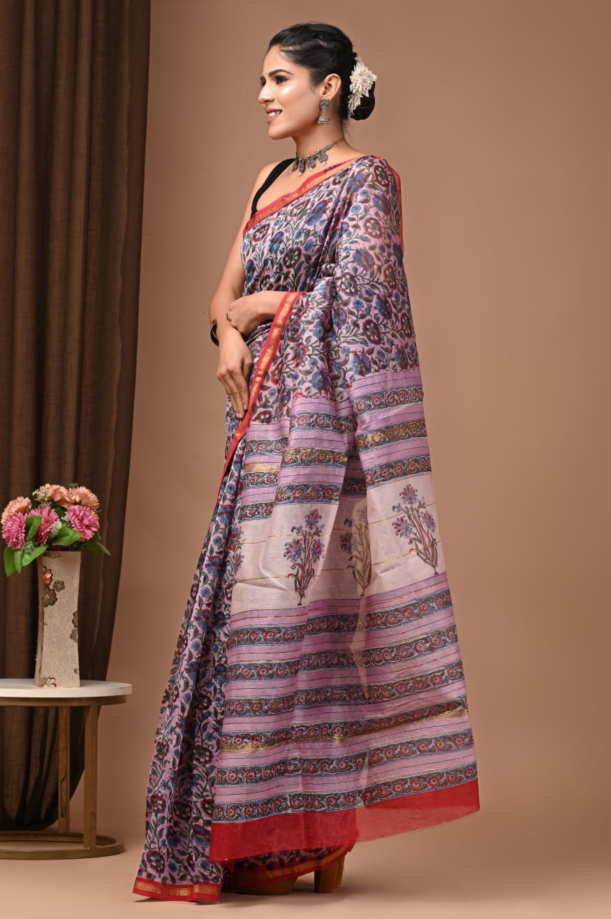 Ocean Blossom: Hand-Block Printed Maheshwari Silk-Cotton Saree in Sky Blue & Pink