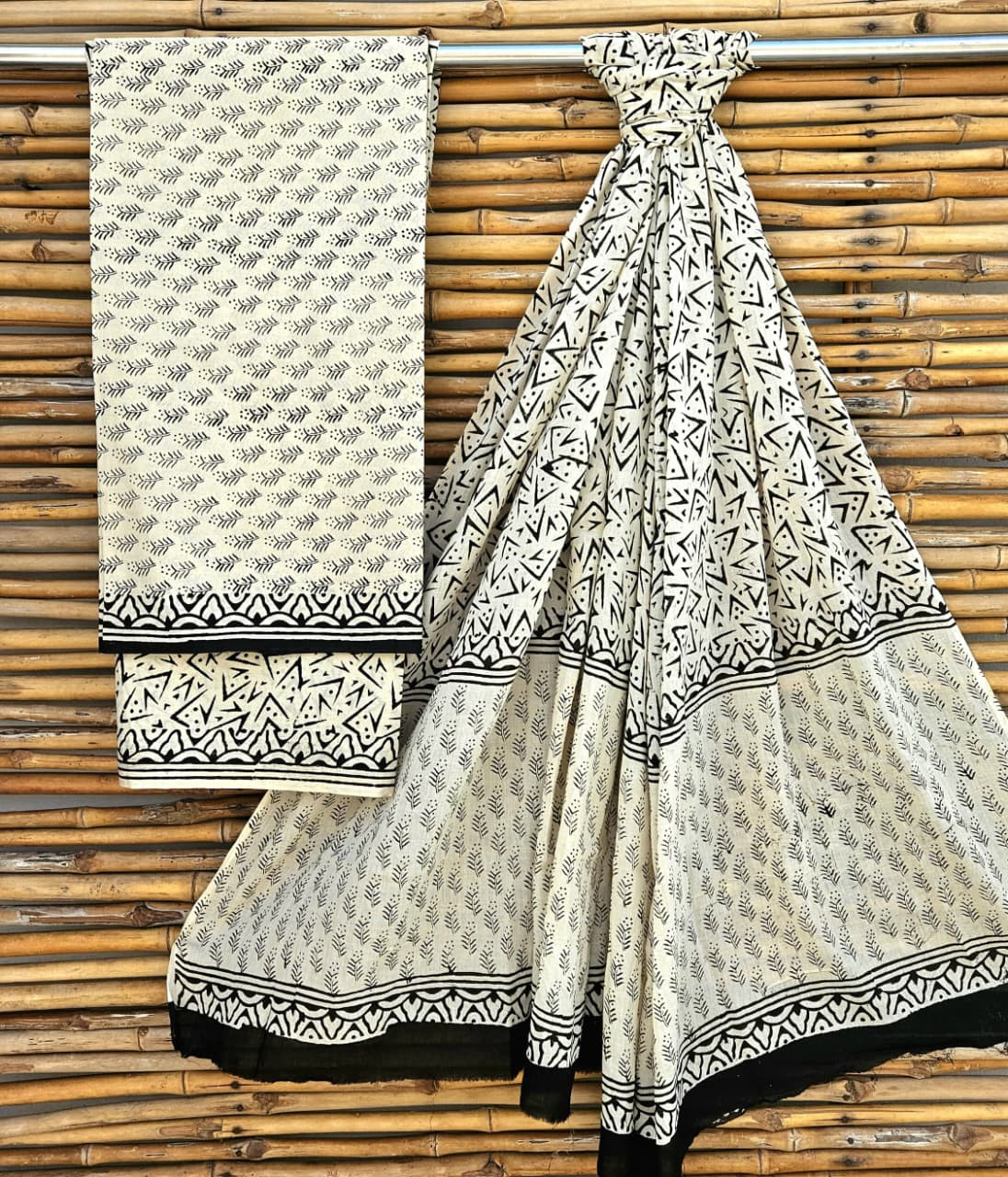 Chic Black and Off-White Hand Block Print Cotton Suit Set