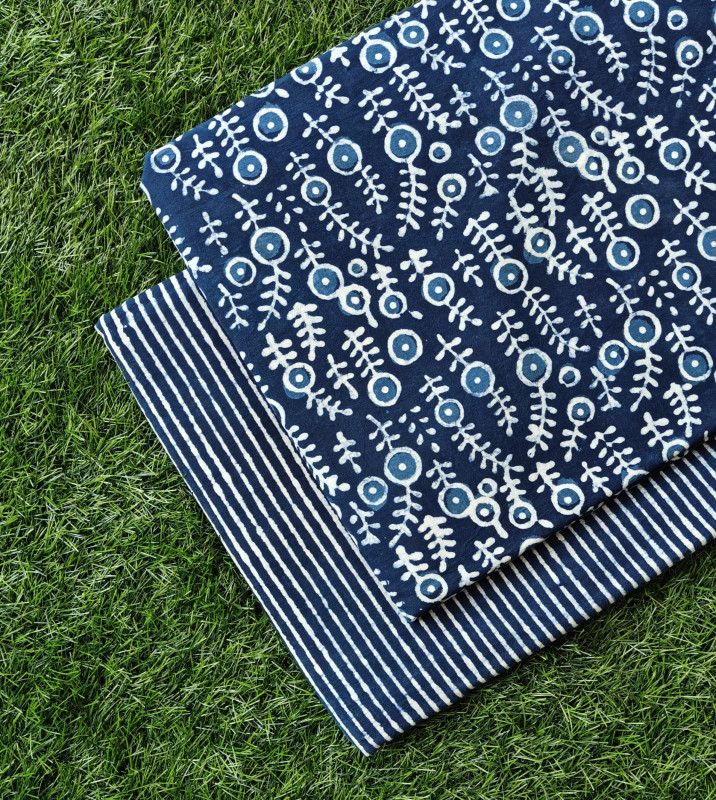 Indigo Botanical Lines – Cotton (60×60) Cambric Bagru Dabu Floral & Stripe Print Suit Set | Top 2.50 MTR + Bottom 2.50 MTR
