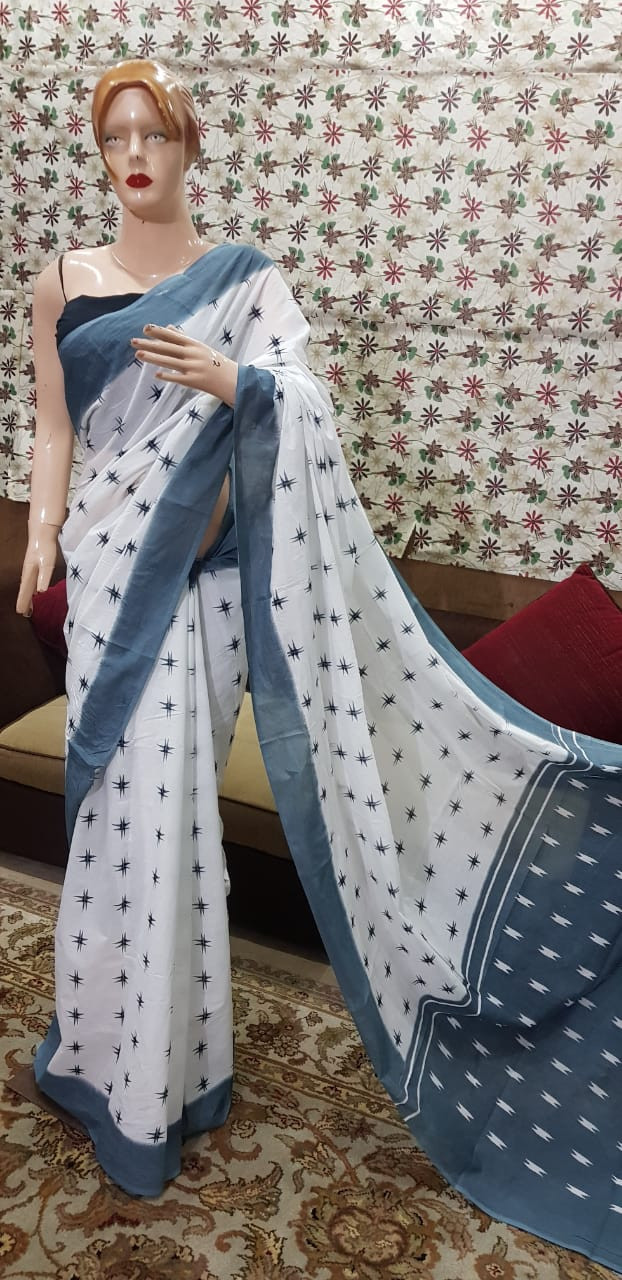 White Cotton Saree with Slate Grey Ikat Print and Contrast Border.