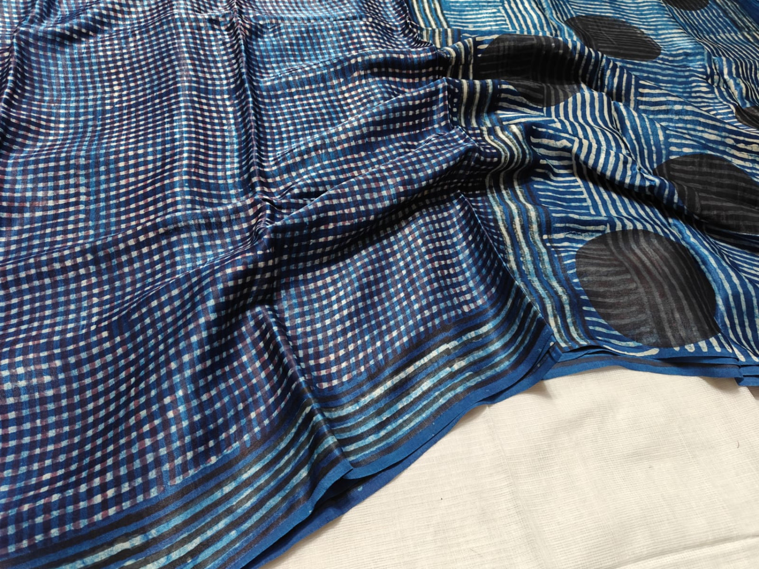 Dark blue  hand block print  ajrk vanaspati  pure modal silk saree with printed blouse