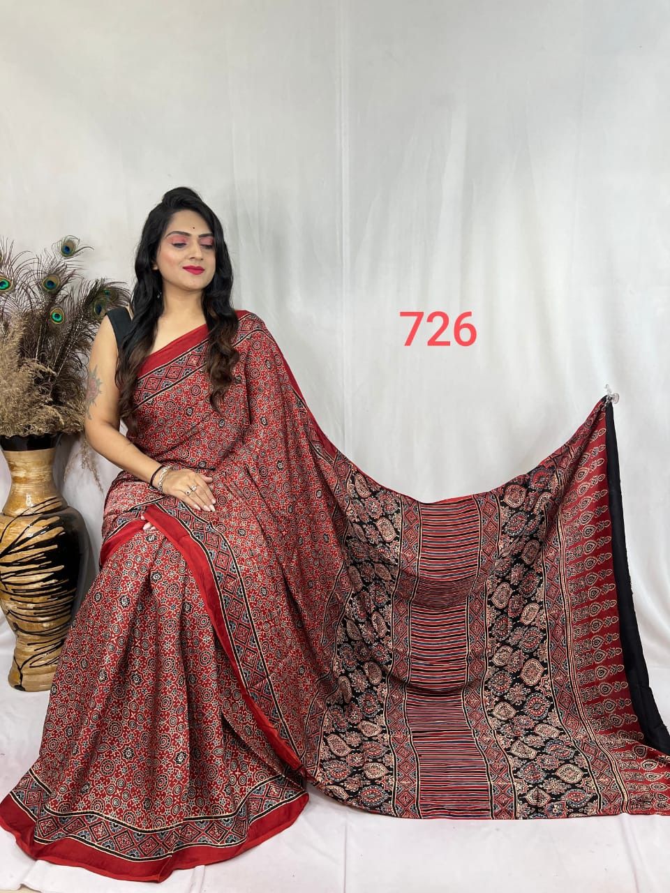Red and Black Ajrakh Hand Block Printed Modal Silk Saree