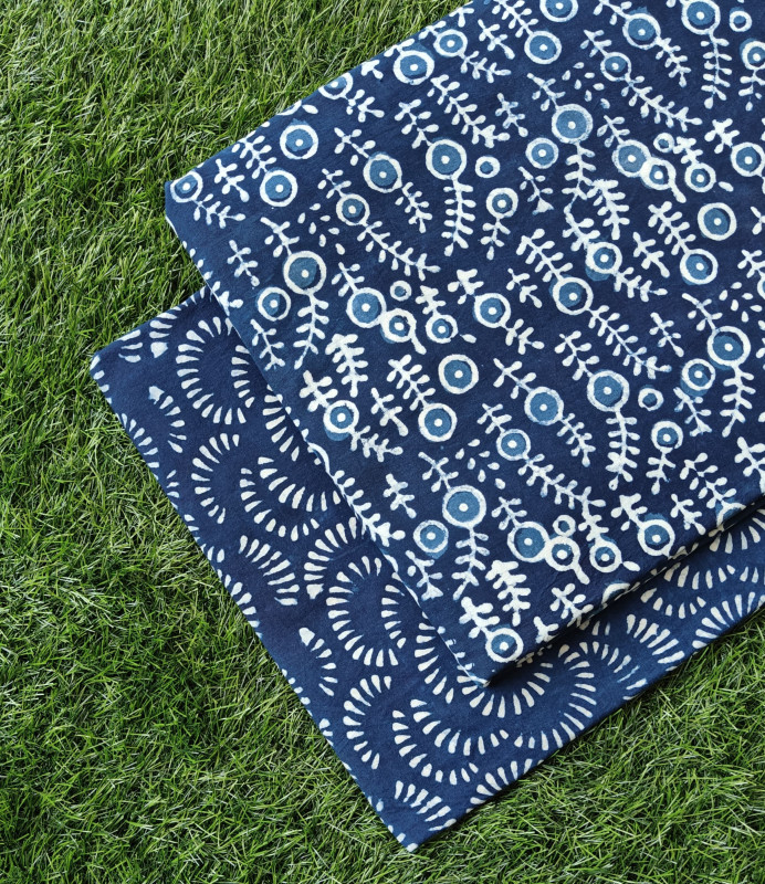Navy Blue Abstract Hand-Block Bagru Dabu Print Cotton (60×60) Cambric Suit Set – Top 2.50 MTR + Bottom 2.50 MTR