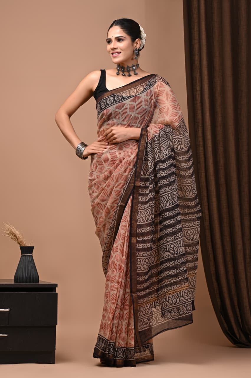 Beige & Black Kota Doria Saree Handmade Dabu/Bagru Hand Block Printed