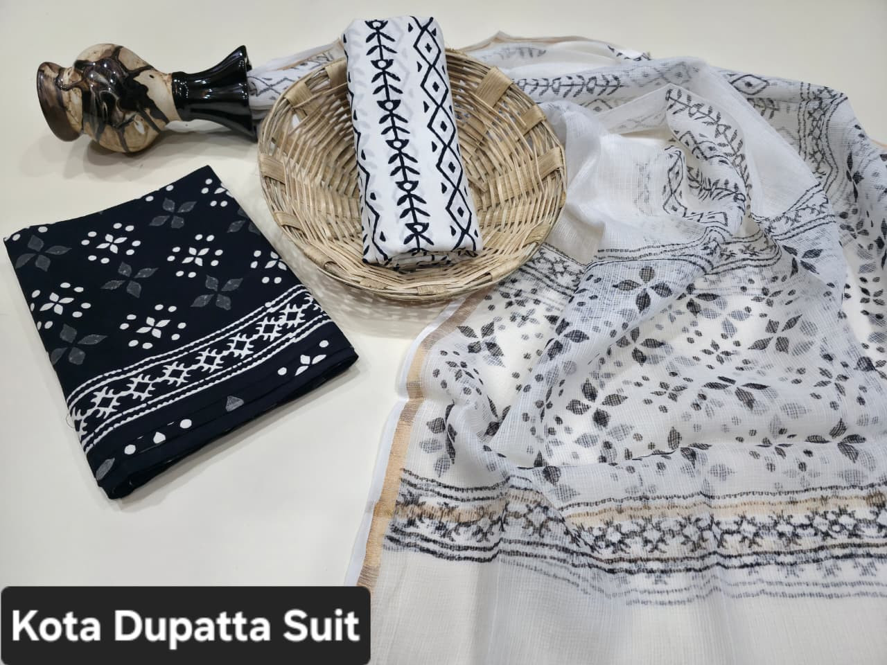 Black & White Cotton Kota Doria Dupatta Suit (unstitched material, approx 2.5m each piece).