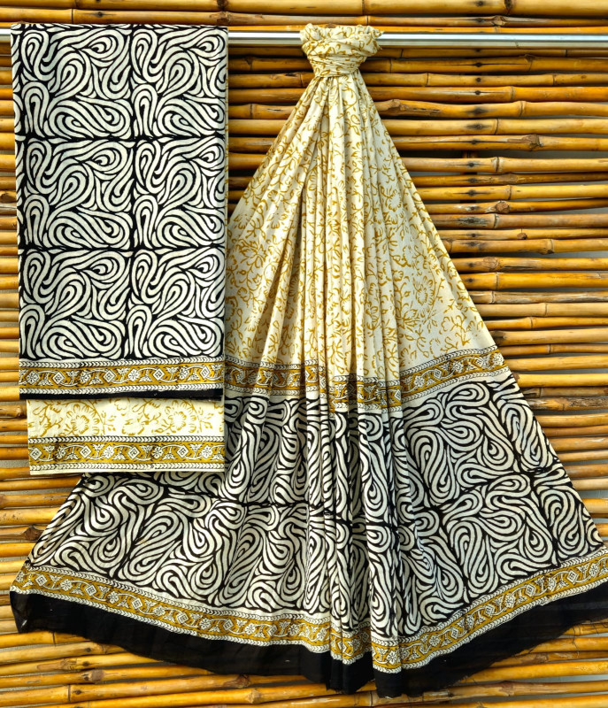 Classic Black & White Jaipuri Hand-Block Print Cotton Suit Set