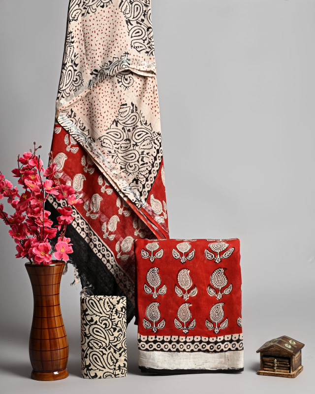 Rust and Off White Hand Block Printed Cotton Unstitched Suit Set