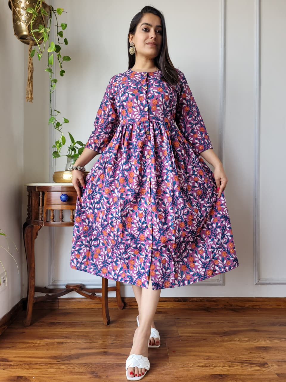 Purple and Blue Floral Hand Block Printed Cotton  One Piece Dress with orange patterns and a front button placket.