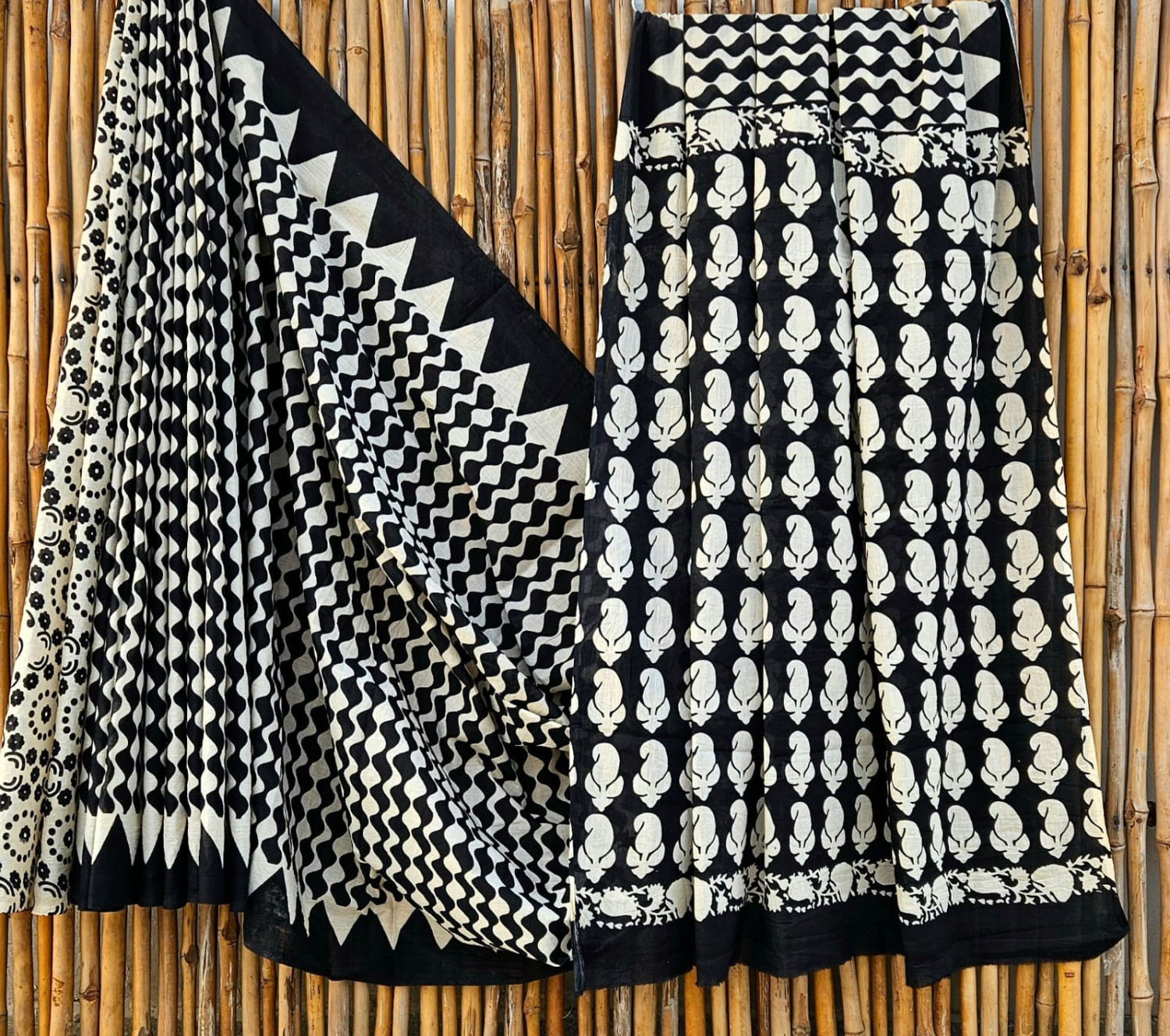 Black & White Hand-Block Printed Mulmul Cotton Saree with Blouse (6.5 Meters, 92*80, 100% Pure Cotton Fabric)