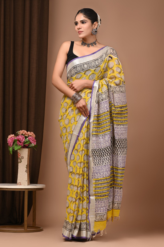 Yellow Soft Linen Saree with Black/White Hand Block Print Floral/Kalamkari Motifs and Silver Zari Border.