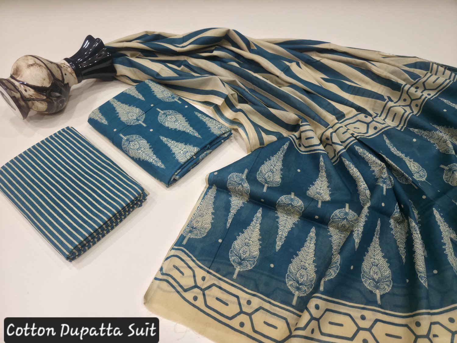 Slate Blue and White Hand Block Printed Cotton Dupatta Suit.