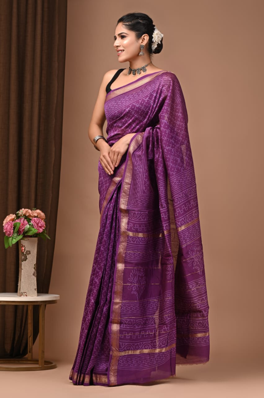 Purple, Gold, and Beige Maheshwari Silk Hand-Block Print Saree