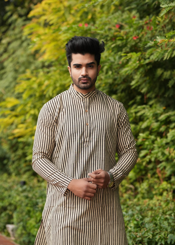 Black and Beige Striped Cotton Men's Kurta