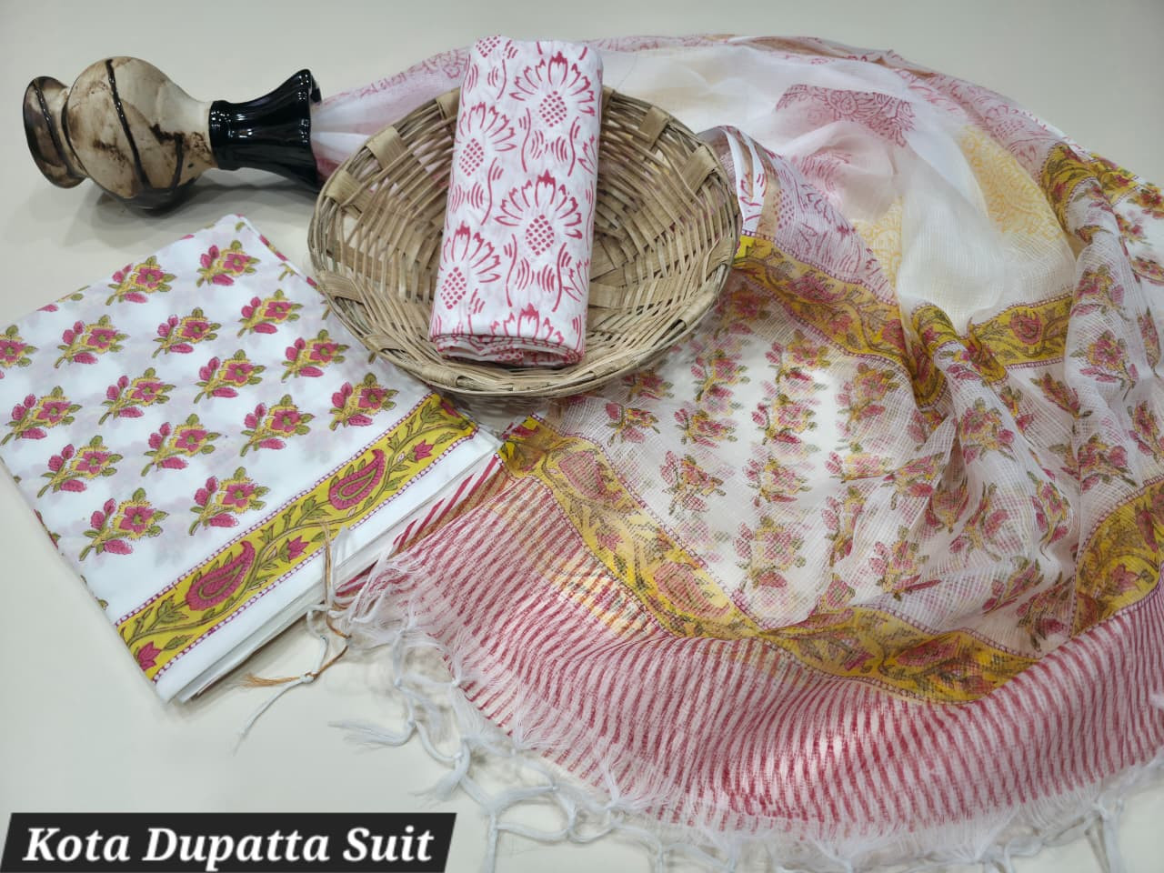 White & Red Floral Hand Block Print Cotton Suit with a sheer Kota Doria Dupatta.