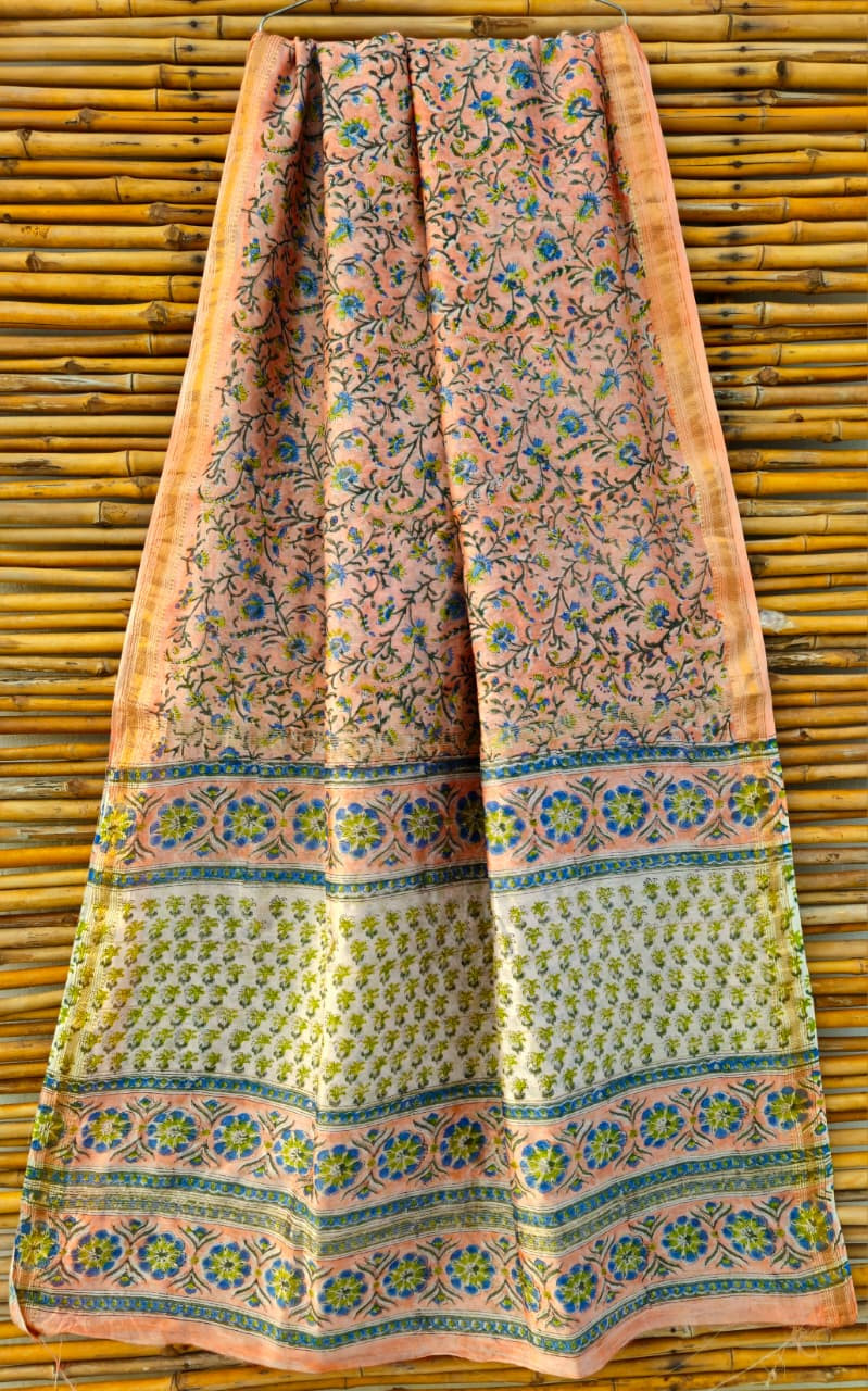 hand-block printed Maheshwari silk cotton blend saree in shades of peach, blue, and green with a golden zari border