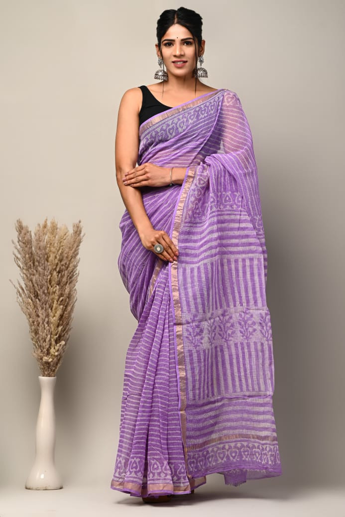 Lavender Purple & White Hand Block Print Kota Doria Saree